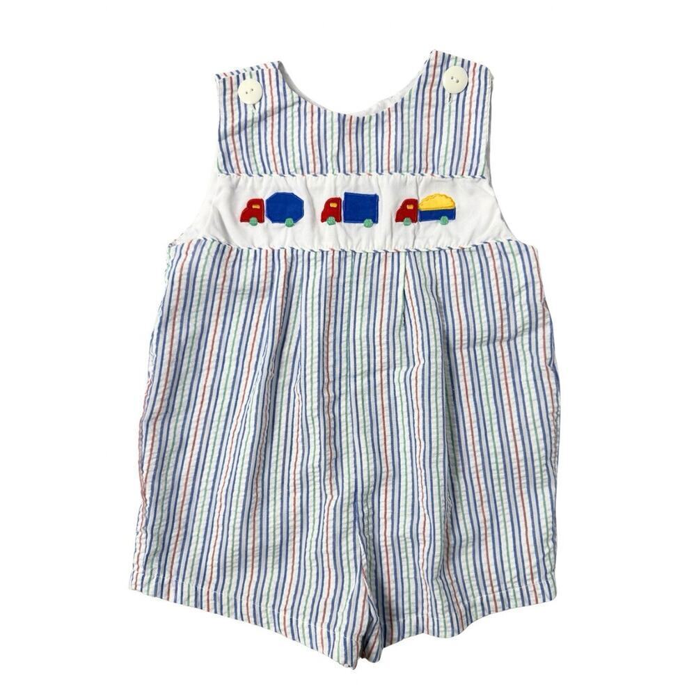 Vintage Baby Boy Seersucker Shortall Romper 18M Striped Smocked Truck Outfit